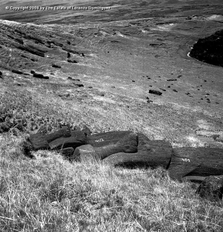 RRI_Cantera_Interior_32.jpg - Easter Island. 1960. Moai on the interior quarry of Rano Raraku and part of the lagoon.