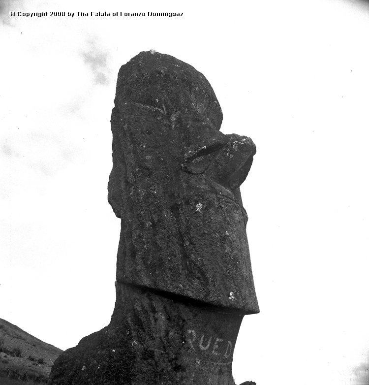 RRE_Baquedano_06.jpg - Easter Island. 1960. Moai on the exterior slope of Rano Raraku. Called "Baquedano" because of the sign painted on its neck by sailors of the homonym ship.