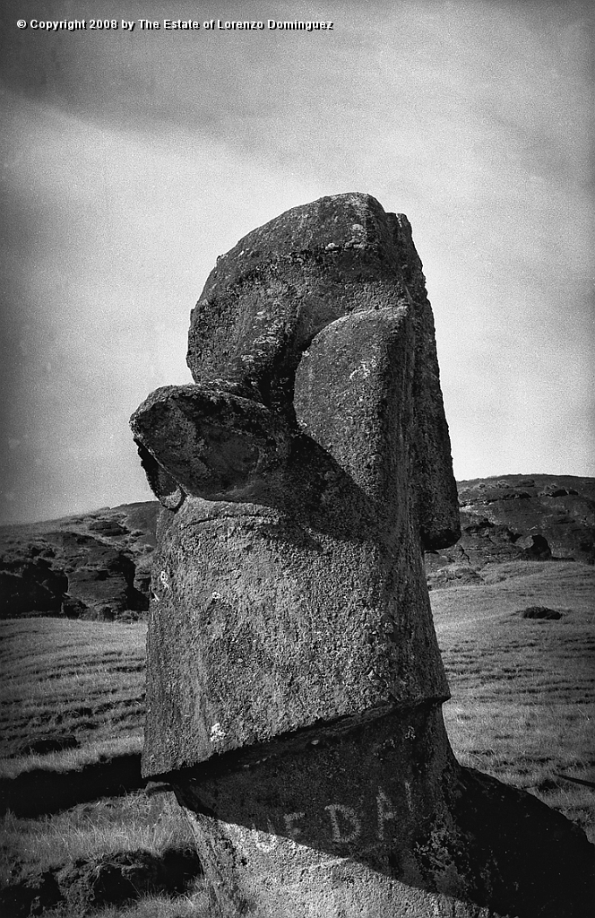 RRE_Baquedano_23.jpg - Easter Island. 1960. Moai on the exterior slope of Rano Raraku.  Called "Baquedano" because of the sign painted on its neck by sailors of the homonym ship.