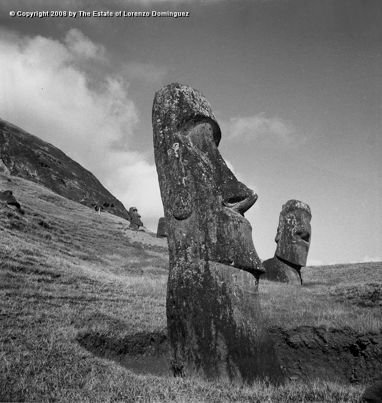 RRE_Gioconda_02.jpg - Easter Island. 1960. Two moai on the exterior slope of Rano Raraku. In the foreground the moai identified by Lorenzo Dominguez as "Gioconda;" in the background, the moai called Hina Riru.