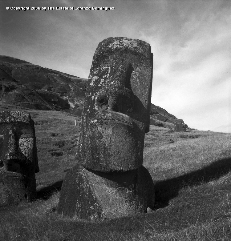RRE_Hina_Riru_02.jpg - Easter Island. 1960. Moai on the exterior slope of Rano Raraku.  This moai is said to represent Hina-Riru, the first master sculptor who arrived on Easter Island with king Hotu Matu'a. Picture taken under the afternoon light.