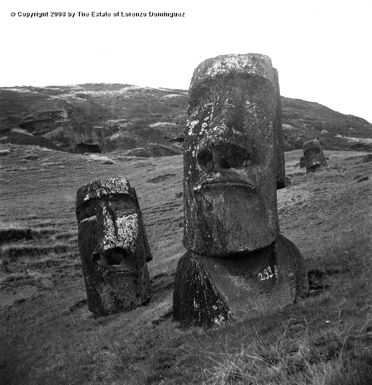 RRE_Hina_Riru_03.jpg - Easter Island. 1960. Two moai on the exterior slope of Rano Raraku.  The moai in the foreground is said to represent Hina-Riru, the first master sculptor who arrived on Easter Island with king Hotu Matu'a. In the background, "The Sunken One."