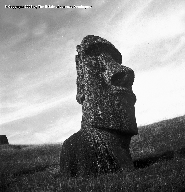RRE_Hina_Riru_04.jpg - Easter Island. 1960. Moai on the exterior slope of Rano Raraku.  This moai is said to represent Hina-Riru, the first master sculptor who arrived on Easter Island with king Hotu Matu'a.