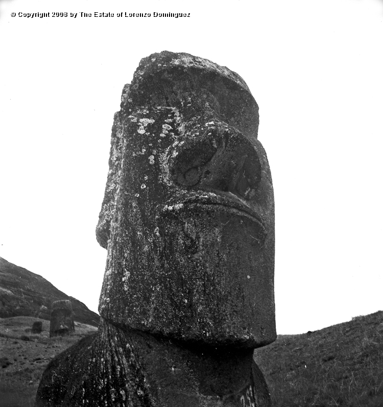 RRE_Hina_Riru_13.jpg - Easter Island. 1960. Moai on the exterior slope of Rano Raraku.  This moai is said to represent Hina-Riru, the first master sculptor who arrived on Easter Island with king Hotu Matu'a.