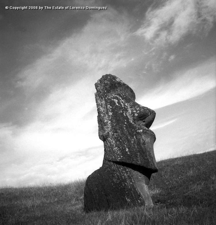 RRE_Hina_Riru_15.jpg - Easter Island. 1960. Moai on the exterior slope of Rano Raraku.  This moai is said to represent Hina-Riru, the first master sculptor who arrived on Easter Island with king Hotu Matu'a.