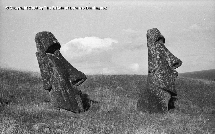 RRE_Hina_Riru_19.jpg - Easter Island. 1960. Moai on the exterior slope of Rano Raraku. "The Sunken One" and "Hina-Riru." Hina-Riru is said to represent the first master sculptor who arrived on Easter Island with king Hotu Matu'a.