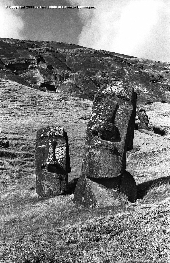 RRE_Hina_Riru_30.jpg - Easter Island. 1960. Moai on the exterior slope of Rano Raraku.  In the foreground, the moai said to represent Hina-Riru, the first master sculptor who arrived on Easter Island with king Hotu Matu'a. In the background, a moai identified by Lorenzo Dominguez as "The Sunken One."