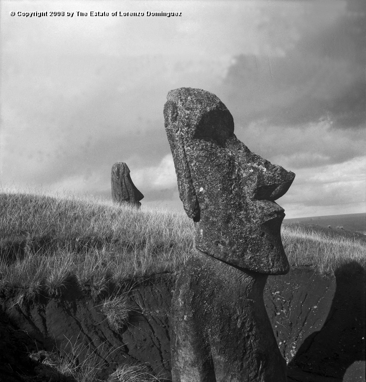 RRE_Luminoso_03.jpg - Easter Island. 1960. Moai number 280 on the exterior slope of Rano Raraku. Identified by Lorenzo Dominguez as "The Luminous One." Picture taken under the afternoon light.