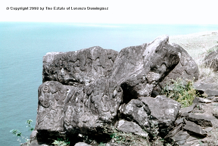 ORO_010.jpg - Easter Island. 1960. Orongo. Rocks on the cliffs with petroglyphs representing birdmen.