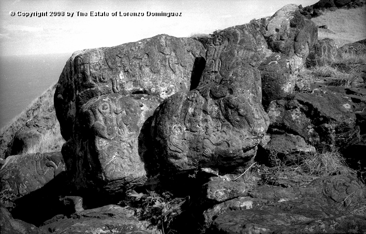 ORO_012.jpg - Easter Island. 1960. Orongo. Rocks on the cliffs with petroglyphs representing birdmen.