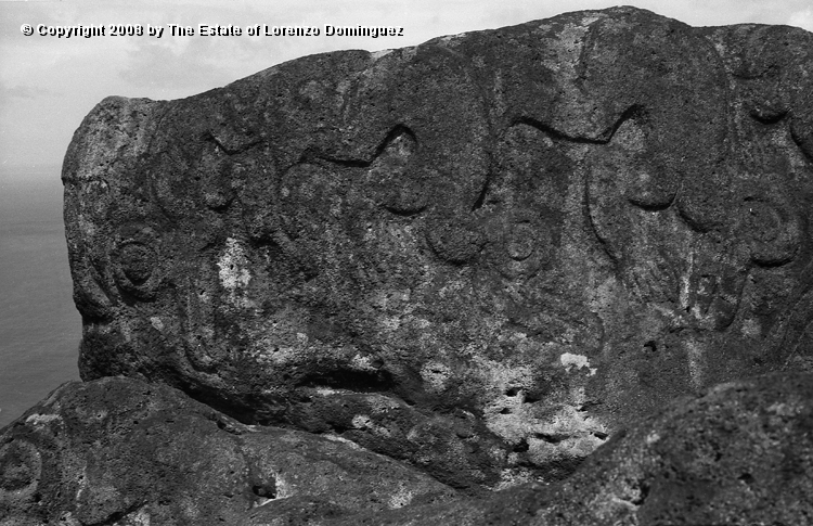 ORO_015.jpg - Easter Island. 1960. Orongo. Rocks on the cliffs with petroglyphs representing birdmen.