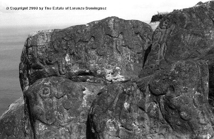 ORO_016.jpg - Easter Island. 1960. Orongo. Rocks on the cliffs with petroglyphs representing birdmen.