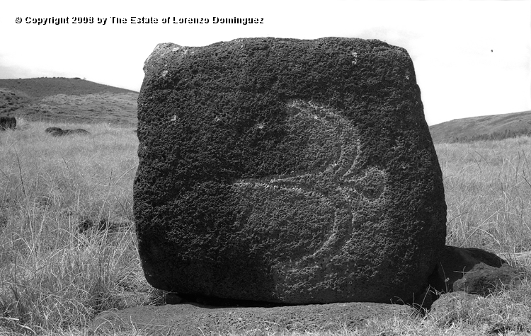ANA_Pajaro_En_Vuelo_08.jpg - Easter Island. 1960. Anakena. Petroglyph over the paenga of an ahu representing a flying bird.